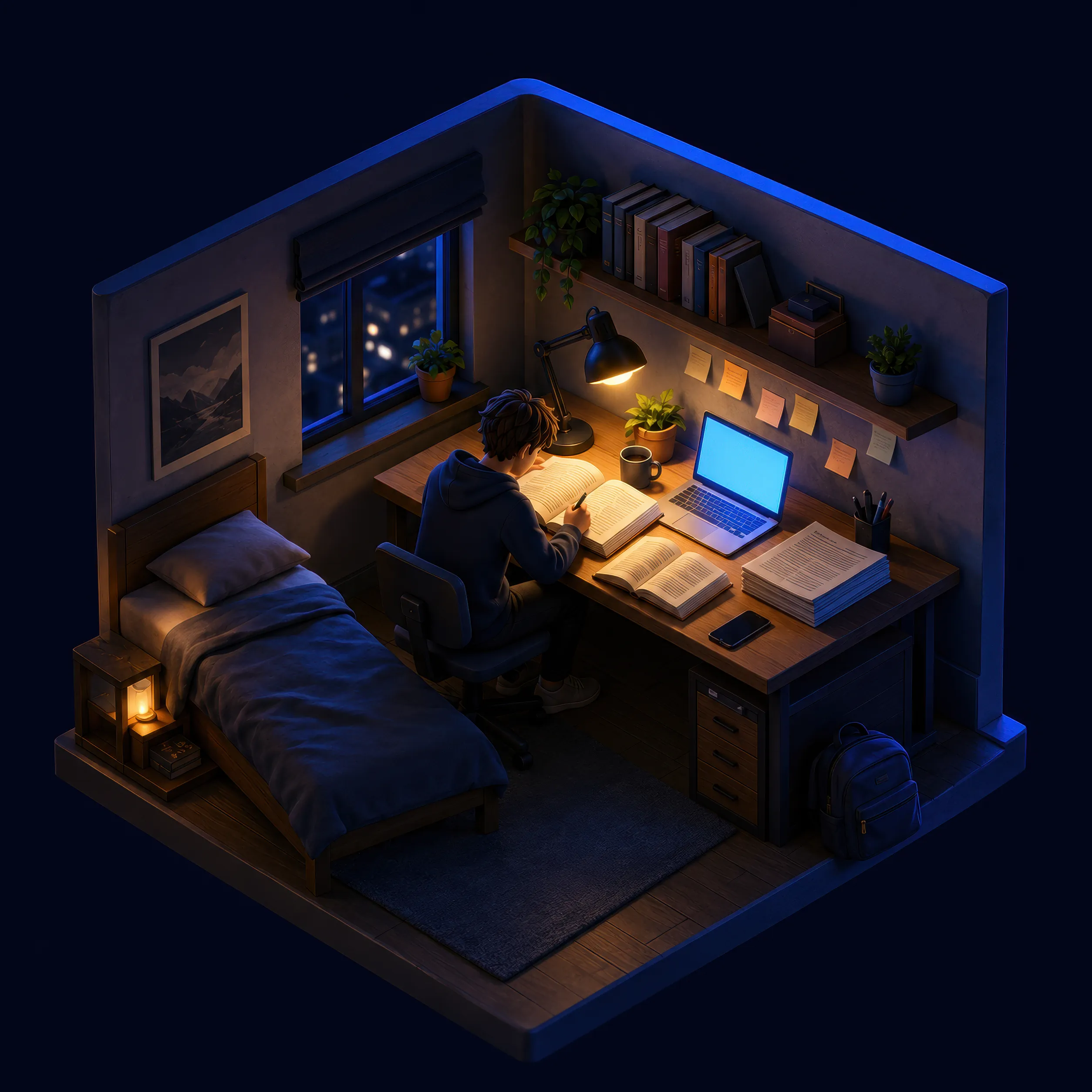 Diorama de un estudiante estudiando de noche en su escritorio, con libros abiertos, portátil encendido y el móvil apartado boca abajo