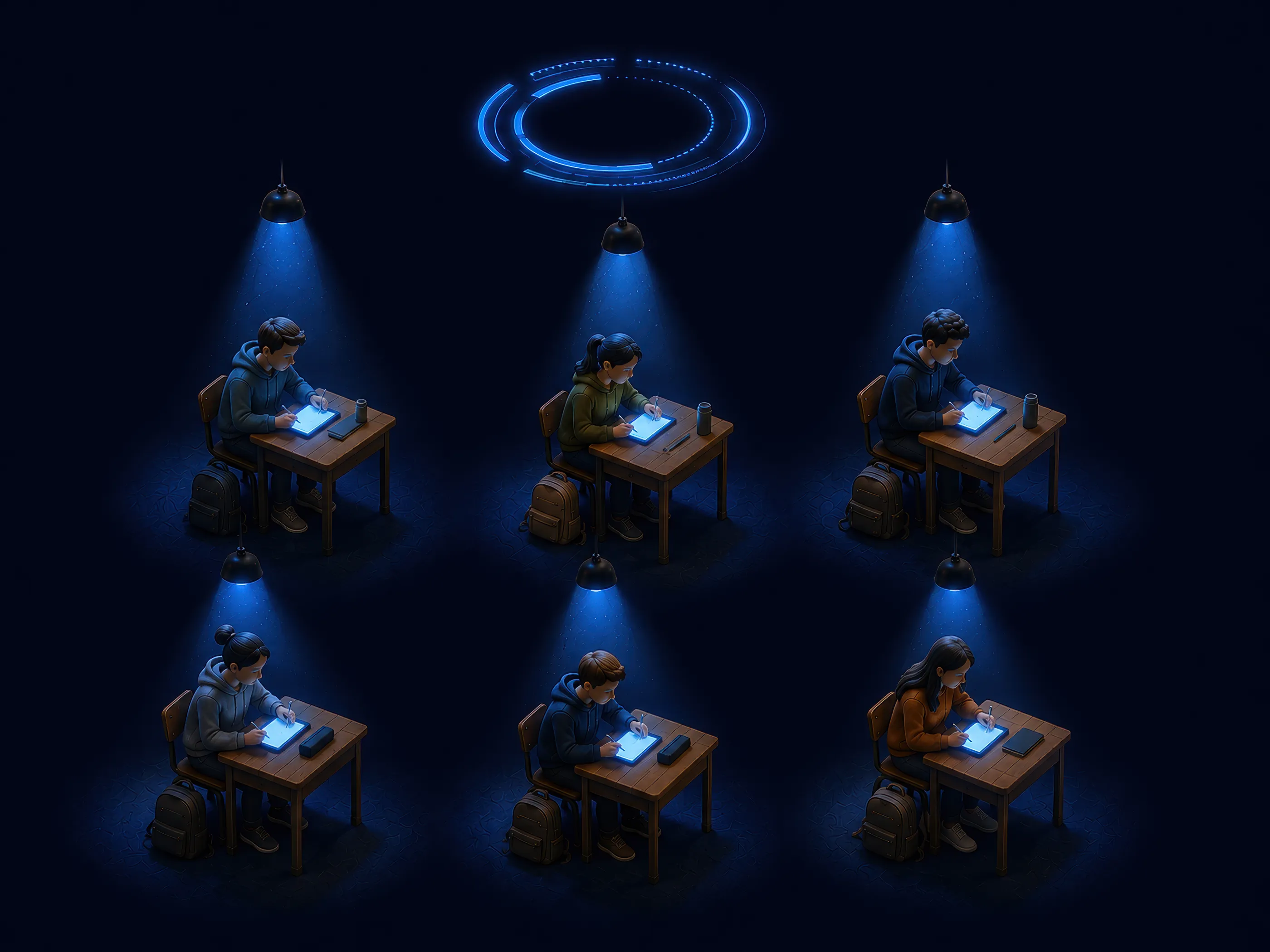 Diorama de seis pupitres individuales separados en la oscuridad, cada estudiante respondiendo en su tableta bajo su propio foco de luz azul, con un anillo de cuenta atrás flotando sobre la escena