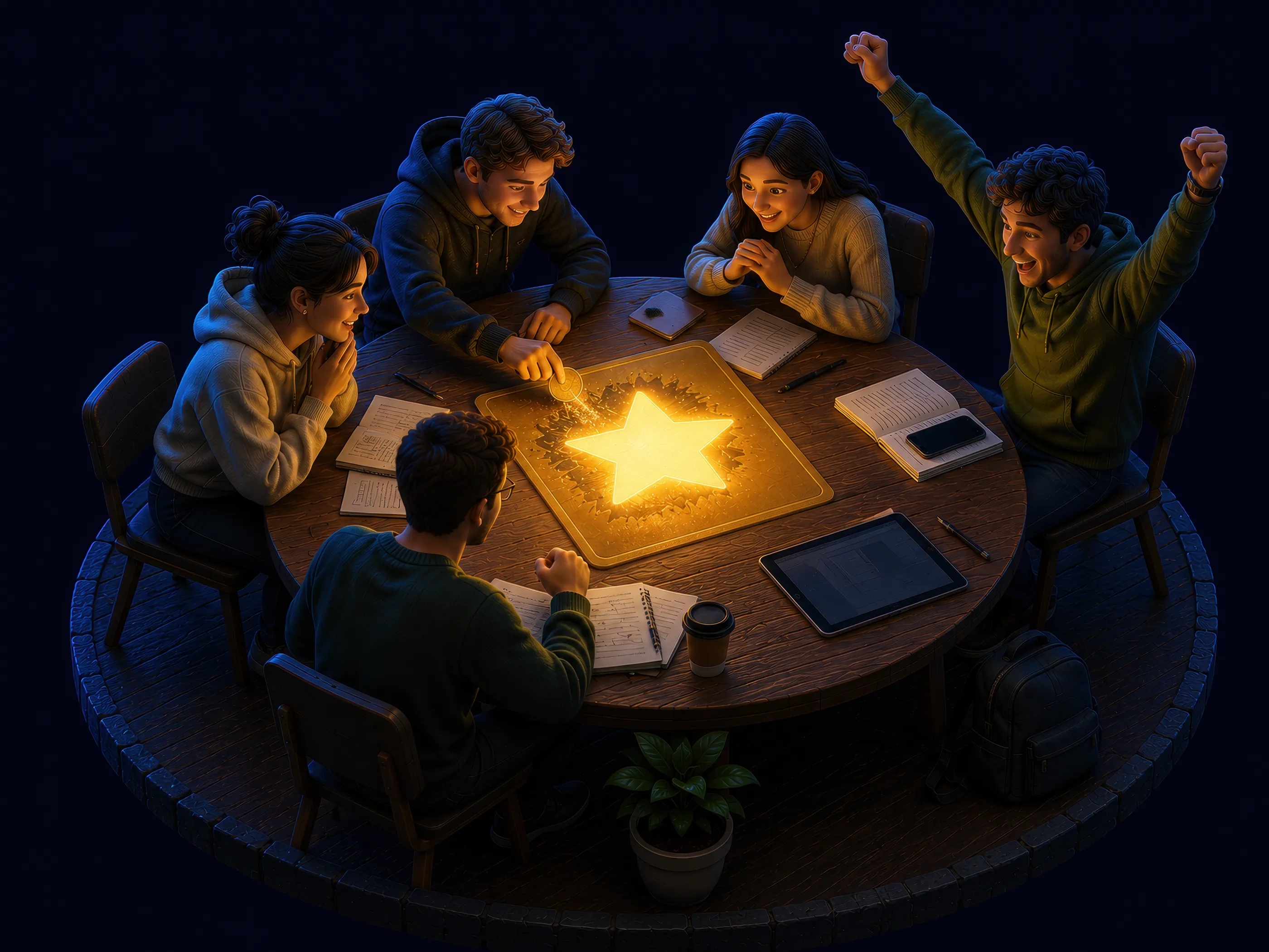 Diorama de un equipo de cinco estudiantes celebrando alrededor de una gran tarjeta rasca-respuesta dorada que revela una estrella brillante, uno de ellos con los brazos en alto