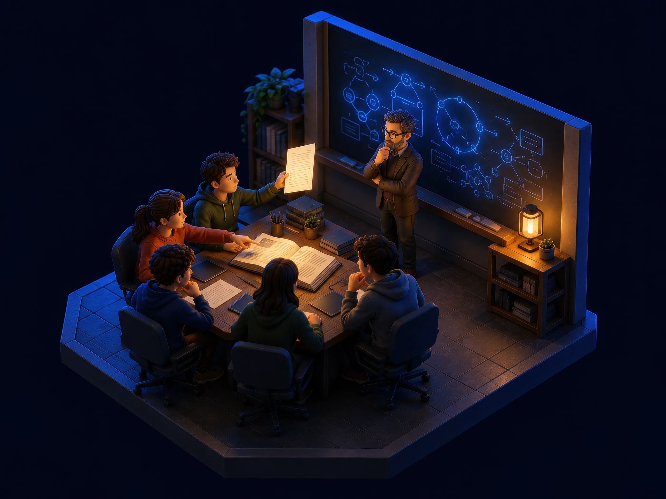 Diorama de un equipo presentando un documento brillante a un profesor pensativo junto a una pizarra llena de diagramas azules, con un estudiante señalando un libro abierto como evidencia