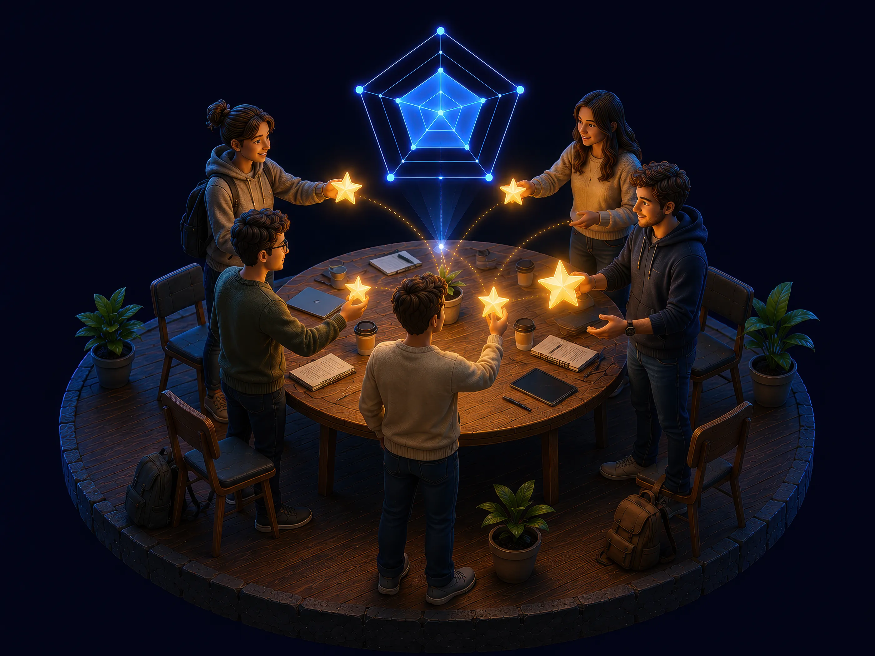 Diorama de cinco estudiantes universitarios de pie alrededor de una mesa redonda, intercambiando estrellas doradas de distintos tamaños, con un gran radar de competencias holográfico azul flotando sobre la mesa