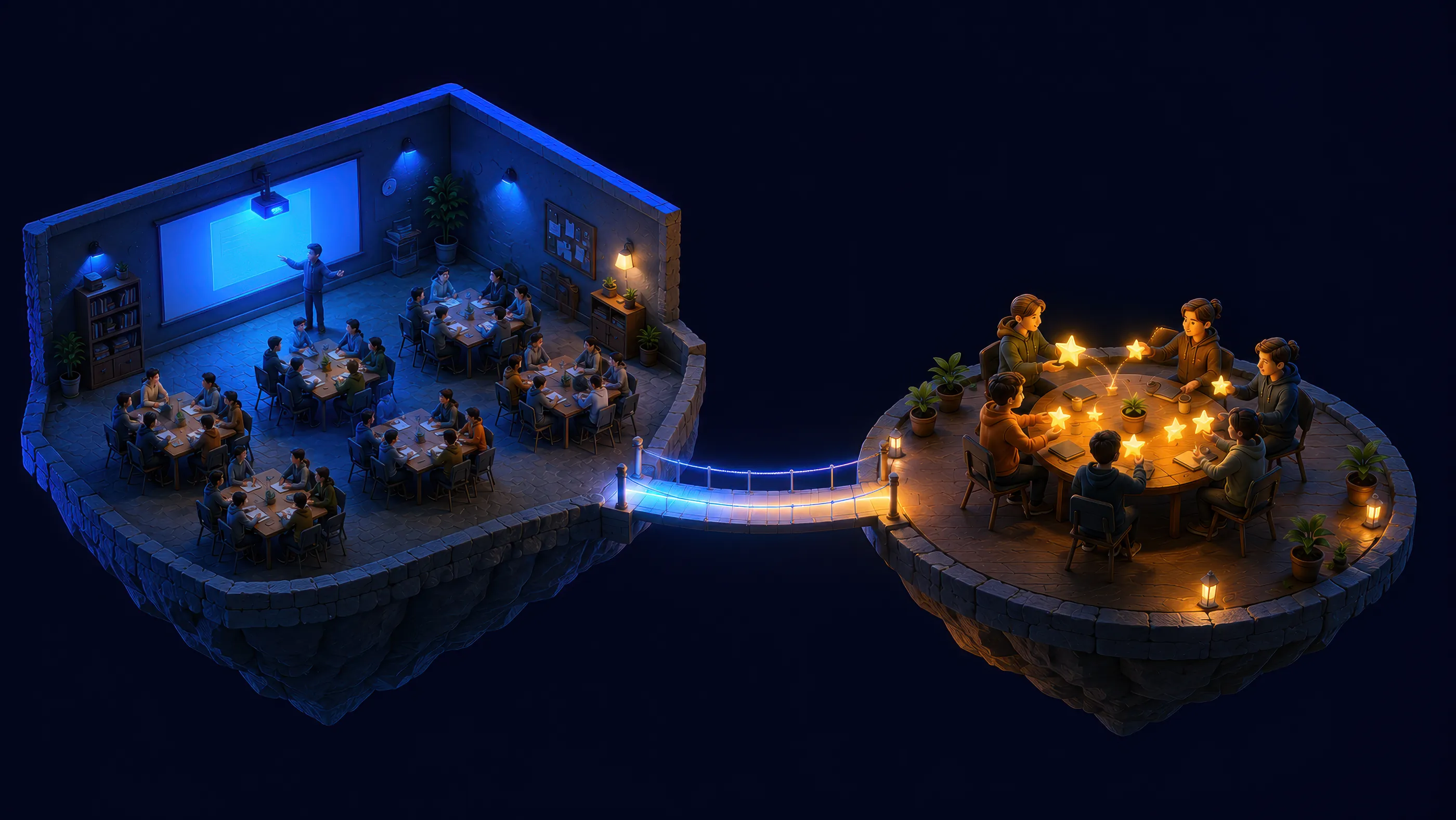 Diorama de dos islas flotantes conectadas por un puente luminoso: a la izquierda un aula TBL completa iluminada en azul; a la derecha una mesa redonda donde se intercambian estrellas, iluminada en ámbar